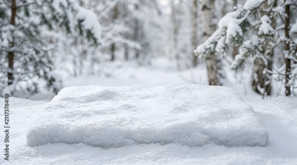 Fototapeta premium Snowy forest floor with blurred trees, shallow depth winter scene.