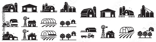 Farm and Barn Icon Set Featuring Silos, Tractor, Windmill and Greenhouse Agricultural Silhouettes