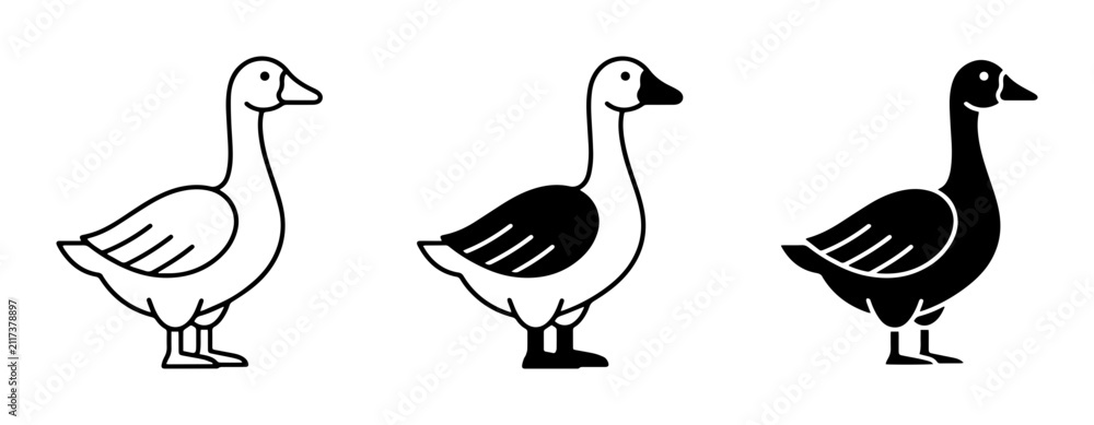 Fototapeta premium Goose Icons Set: Outline, Filled, and Silhouette Vector Graphics for Farm and Wildlife Themes
