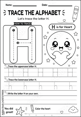 Printable alphabet tracing worksheet featuring uppercase and lowercase letter H with stroke order, handwriting practice, and a cute heart coloring activity. Perfect for preschool, kindergarten, homesc