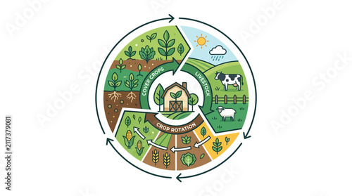 Sustainable Farming Cycle Diagram with Livestock and Crops