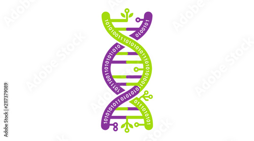 Digital DNA Helix with Binary Code and Leaves