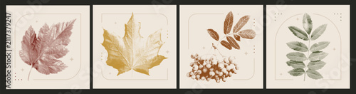 Vintage halftone leaf posters set with thin arch frames. Retro botanical wall art collection in muted vintage colors. Autumn leaves card. Vector illustration.