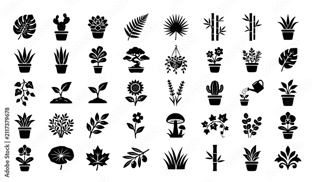 Fototapeta premium Plant Icon Set for Web Design Black Botanical Symbols Vector Isolated on White Background
