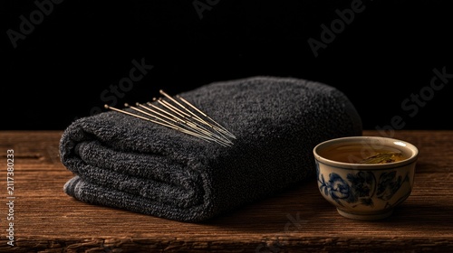Therapeutic needles and herbal tea set on a rustic wooden surface