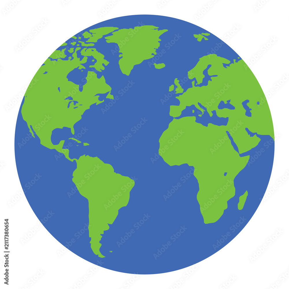 Obraz premium Green and blue globe illustration with continents and oceans world map icon