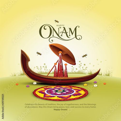 Foto Kerala festival happy onam with boat and flower, use for poster, leaflet , banner