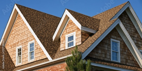 Detailed view of a residential home's gabled roof with dormer windows