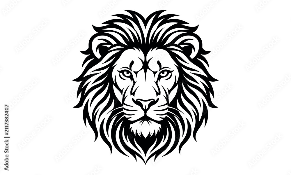 Fototapeta premium A detailed black and white line art illustration of a majestic lion head facing forward on white background