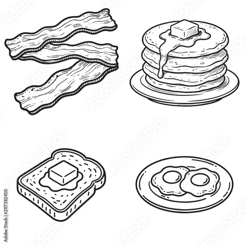 Breakfast food vector icon set with hand drawn sketch of pancakes bacon toast and fried eggs