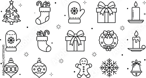 Konstfotografi Christmas outline icon collection featuring Christmas tree, gift box, mitten, st