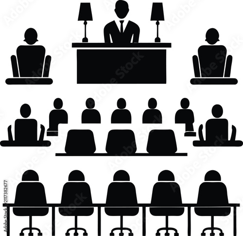 Set of black silhouette depicting business meetings, conference tables, office chairs, and corporate presentations