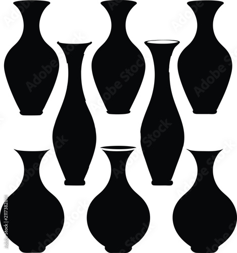 Assorted collection of black silhouette vase featuring various shapes and sizes isolated on a plain white background