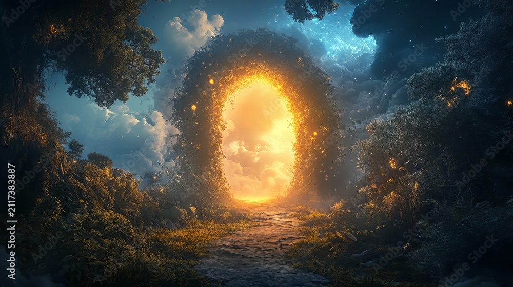 Obraz premium A magical glowing portal framed by lush green foliage and ancient trees, leading to a bright, ethereal realm beyond the forest's embrace