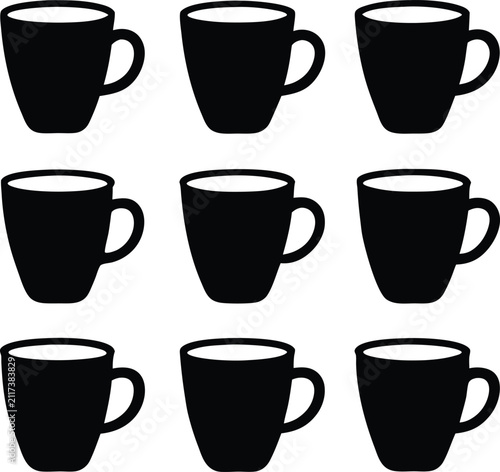 Set of nine identical black silhouette coffee mug arranged in a grid pattern isolated on a plain white background surface