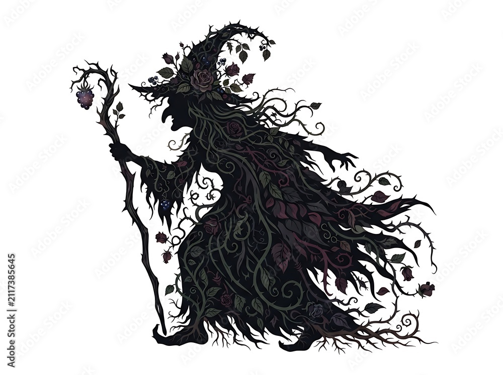 Obraz premium Silhouette of a Mysterious Witch with Staff and Nature Elements.