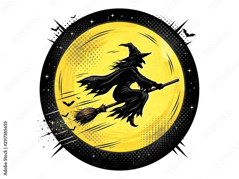 Fototapeta premium Silhouette of a Witch Flying on a Broomstick Against a Full Moon.