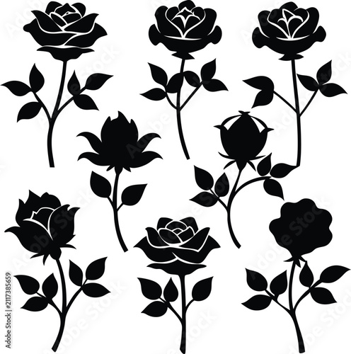 Collection of black rose silhouettes in various stages of blooming with leaves and stems on a plain white background, for floral use