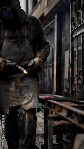 Urban metalworker welding decorative steel railing beside sidewalk with bright sparks, heated metal, glowing weld point, industrial tools, protective gear, and street-level worksite detail