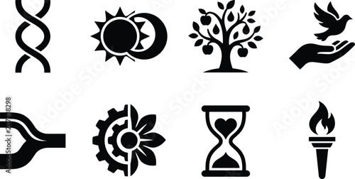 Foto Universal Metaphorical Concept Icon Set Featuring DNA Strand Solar Eclipse Fruit