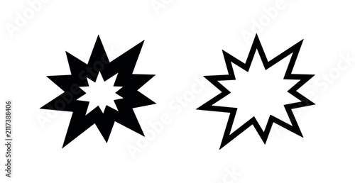 Explosion or starburst icon set, representing impact, sudden burst, or comic effect, solid and outline.