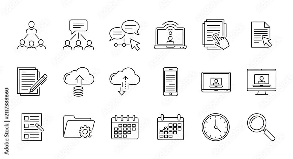 Fototapeta premium Business and Technology Icons Set: Workflow, Communication, Cloud, Data, and Planning