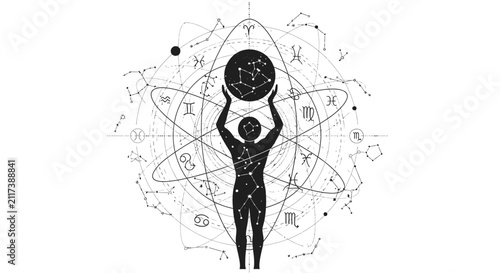Obraz na płótnie Man holding celestial sphere with zodiac signs and atom model illustration
