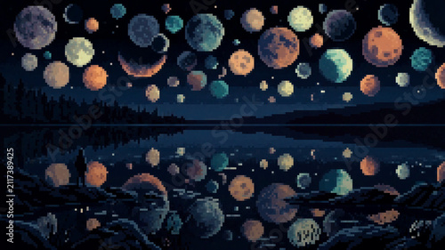 Photography Pixel art illustration of a lone person gazing at a surreal night sky filled wit