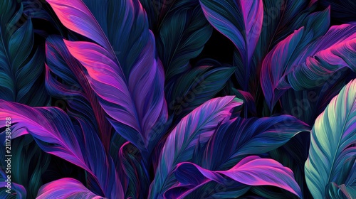Vibrant, shadowy leaves with glowing pink and purple hues, detailed textures