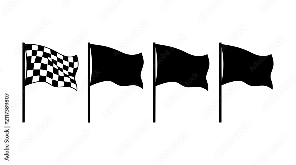 Obraz premium Four checkered racing flags waving in the wind. Vector set of finish line banners for motorsport events and competitions.