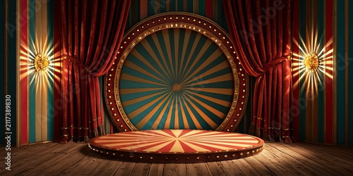 A vibrant circus stage with a radiating backdrop, illuminated by spotlight and ornate curtains