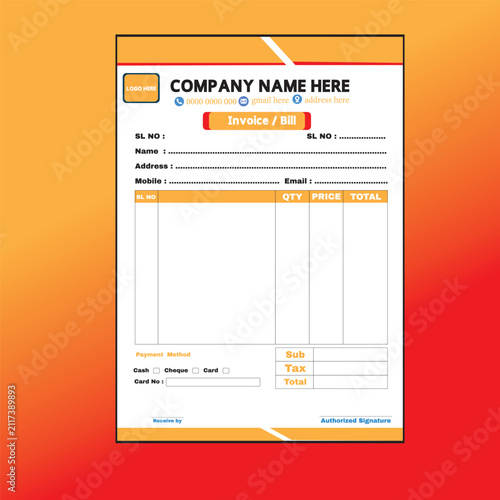 Foto A vector illustration of a blank invoice or bill form with orange accents and de
