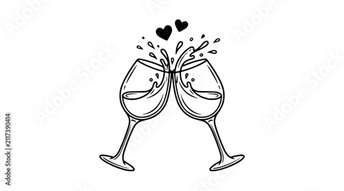 Two wine glasses toasting with splashing champagne for celebration. Romantic couple clinking crystal flutes with hearts and bubbles for love and an...