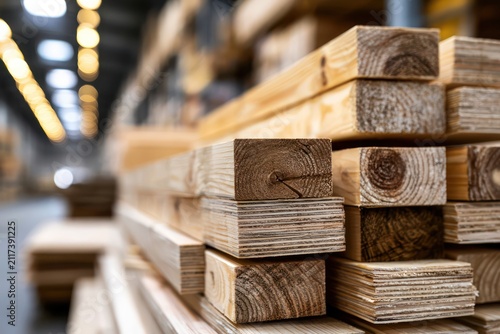 Stacked plywood sheets and timber in industrial store