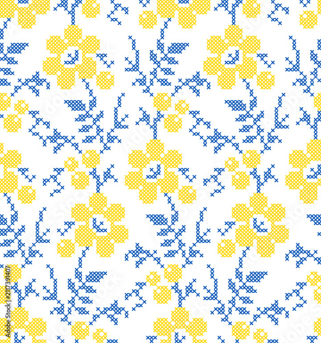 Ukrainian Floral Seamless Cross Stitch Pattern on White Background, Traditional Vyshyvanka Folk Ornament, Decorative Embroidery Inspired Vector Illustration