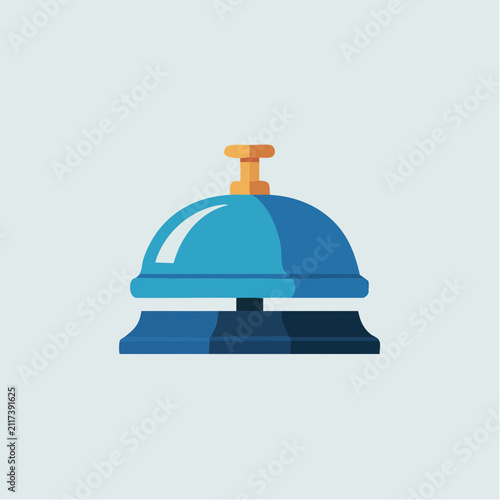 A blue hotel reception bell sits centered against a soft light gray background.