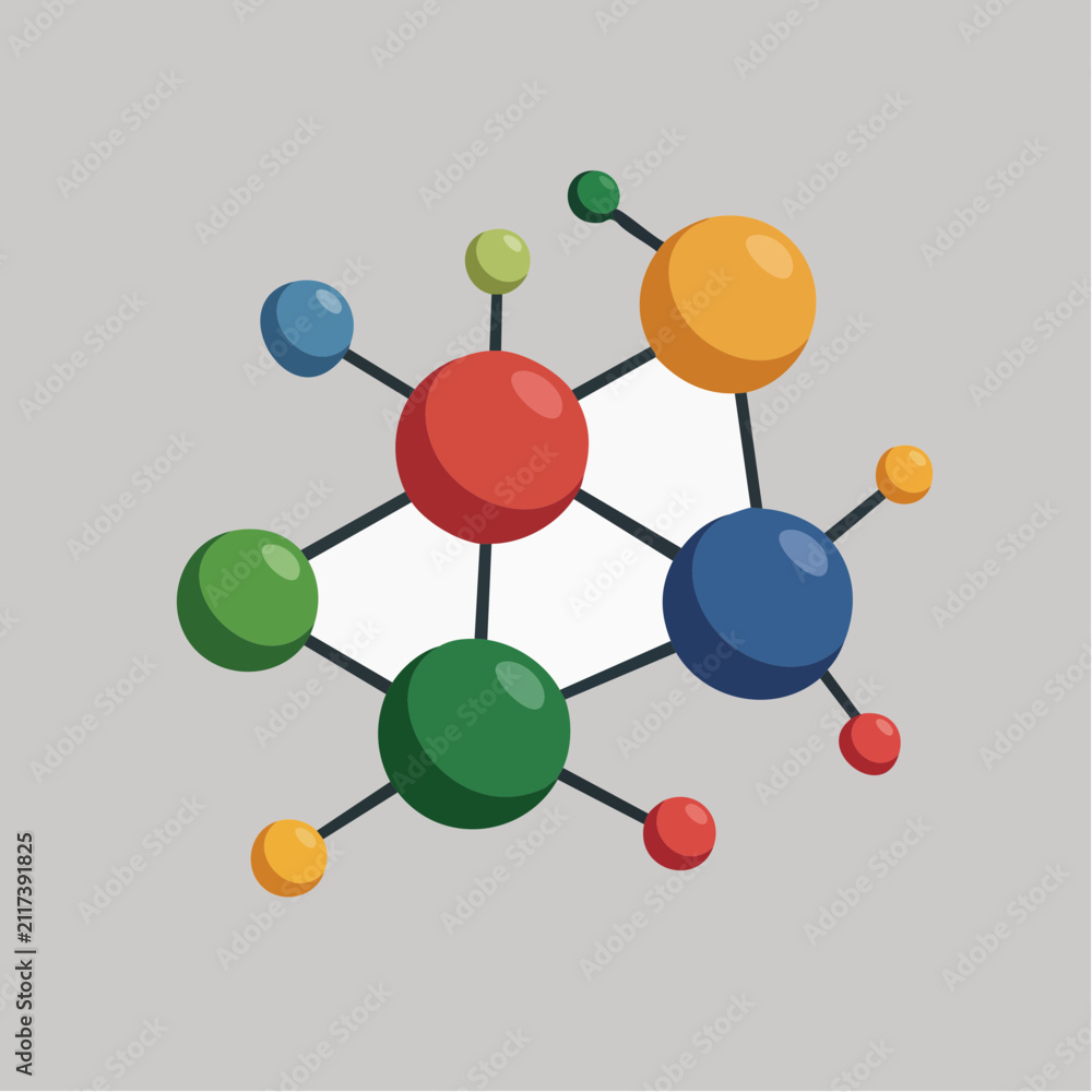 Fototapeta premium A colorful molecular structure illustration features interconnected spheres on a gray.