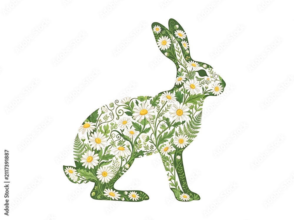 Fototapeta premium Floral Patterned Rabbit Silhouette with Daisies.