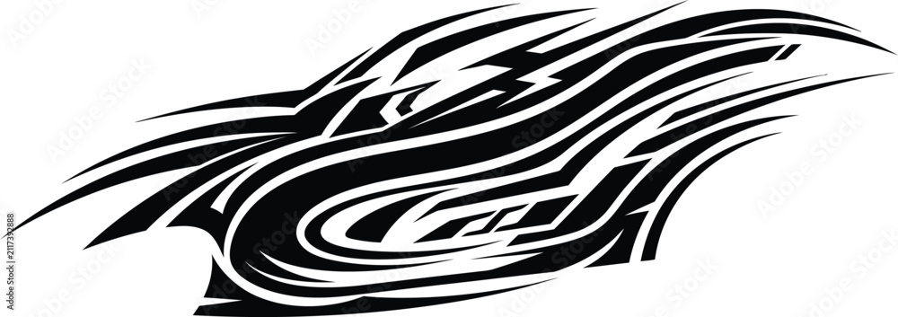 Fototapeta premium Complex black tribal decal with layered flowing curves and sharp pointed for vehicle side body on a white background