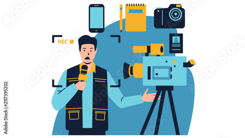 Cuadro en lienzo News reporter recording a broadcast surrounded by media equipment icons on a bla