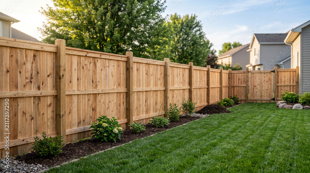 Fototapeta premium Residential backyard wooden privacy fence in summer landscape with backyard, residential