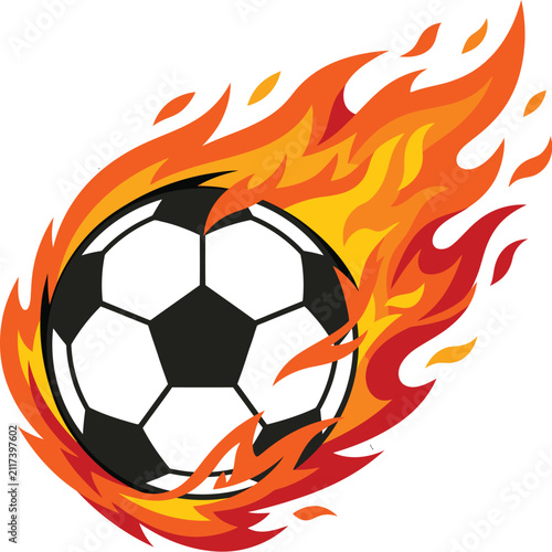 Soccer ball on fire with flames and sparks creating dynamic motion effect for sports game and championship celebration.
