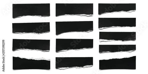 Set of black paper strips with torn edges isolated on a plain surface