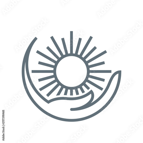 Sun rising from hands or crescent shape.