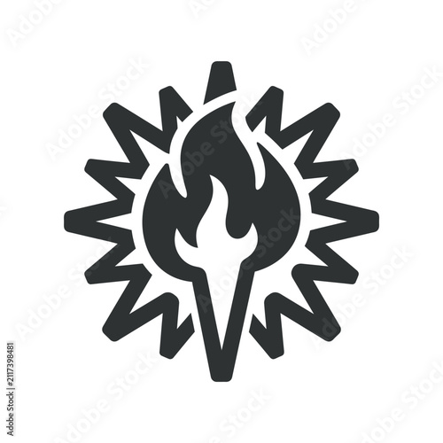 Sunburst star with central flame logo.