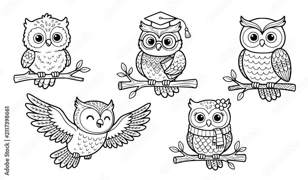 Fototapeta premium Cute Hand Drawn Owl Collection with Flying Perched Graduation and Woodland Bird Illustrations