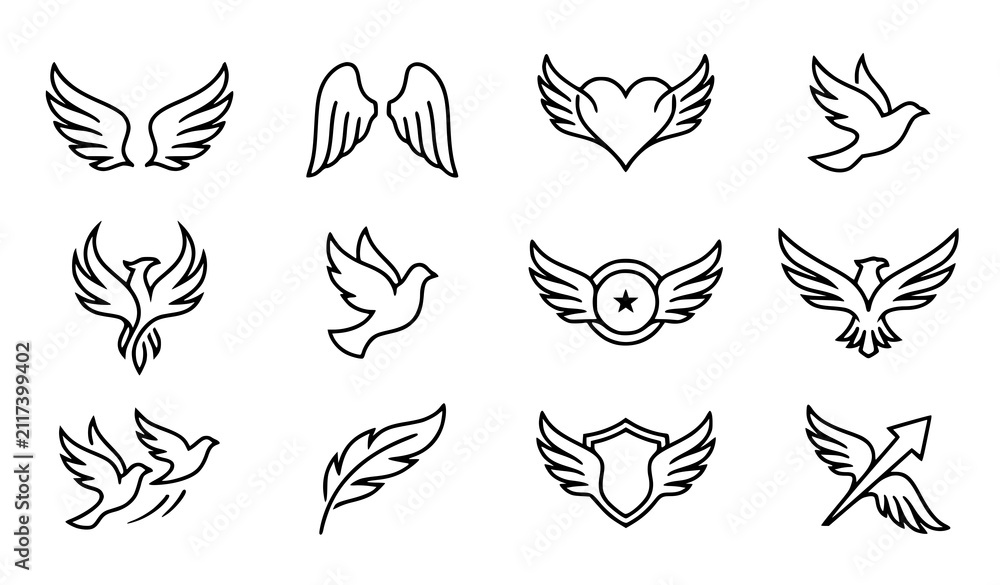 Obraz premium Decorative Angel Wings and Flying Bird Outline Icon Collection with Elegant Feather Designs