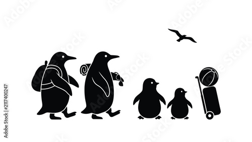 Fotografía Penguin family walking together on vacation with luggage vacation adventure wild