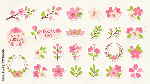 Set of cute hand drawn sakura cherry blossom stickers and floral elements for spring design.