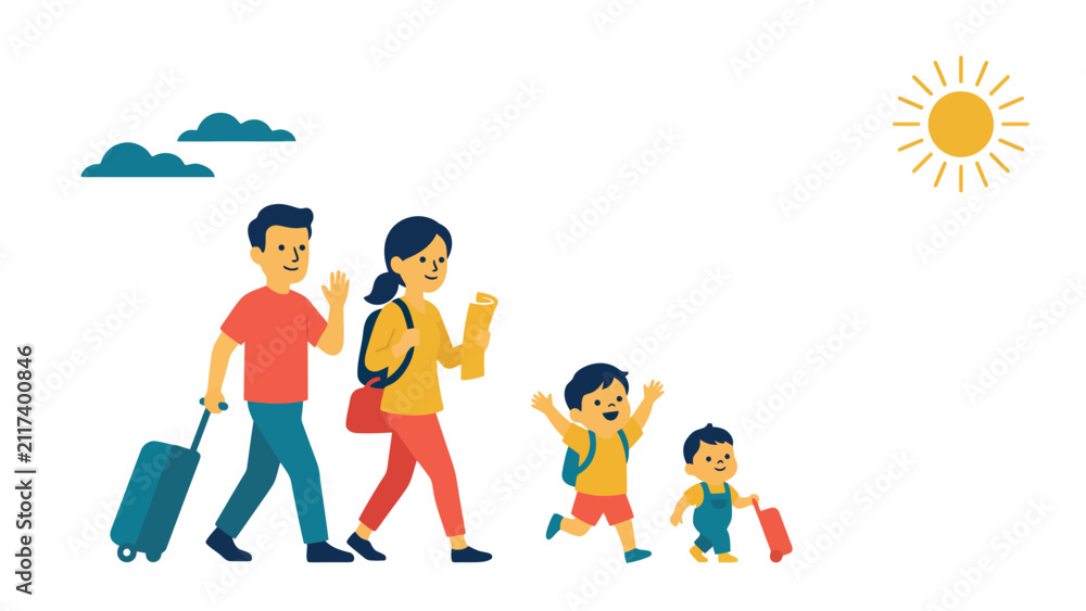 Fototapeta premium Happy family walking with suitcases on summer vacation trip vacation children suitcase adventure together traveler
